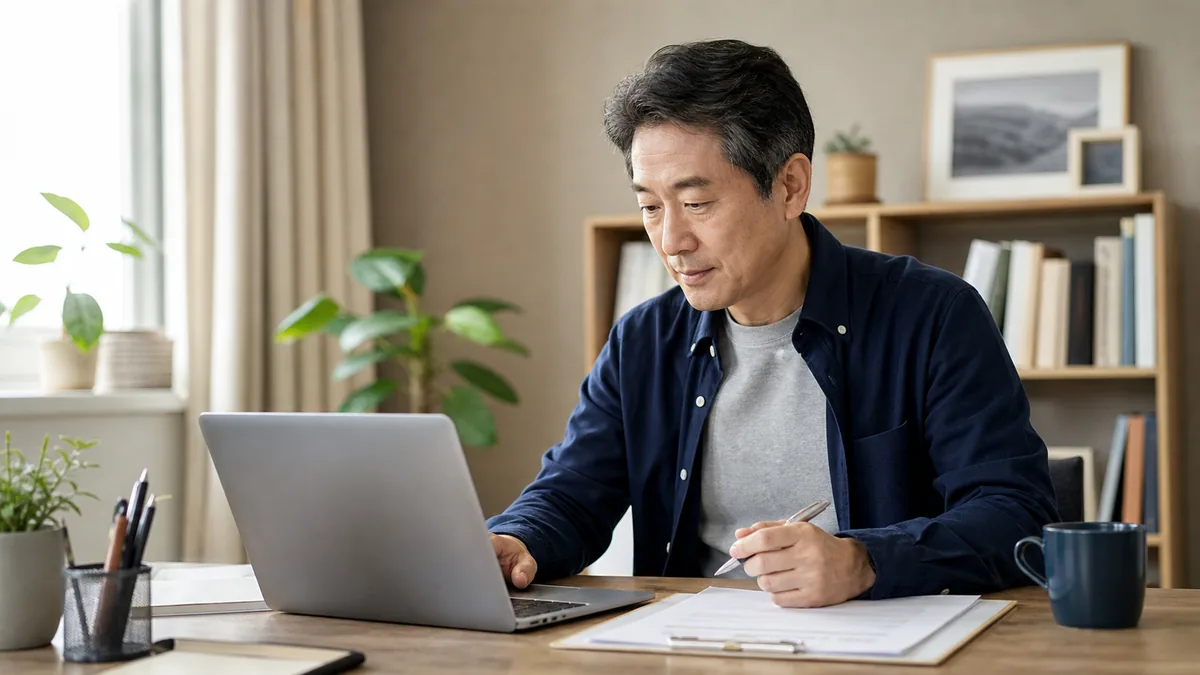 정년퇴직 실업급여 신청 조건과 이직확인서를 노트북으로 확인하는 중장년 남성